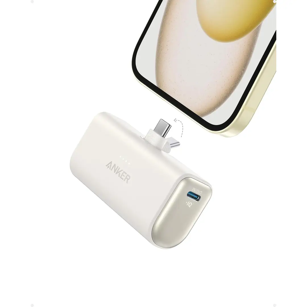 Anker Nano Power Bank, 5,000mAh Mini Portable Charger 22.5W Output with Built-In USB-C Connector, White