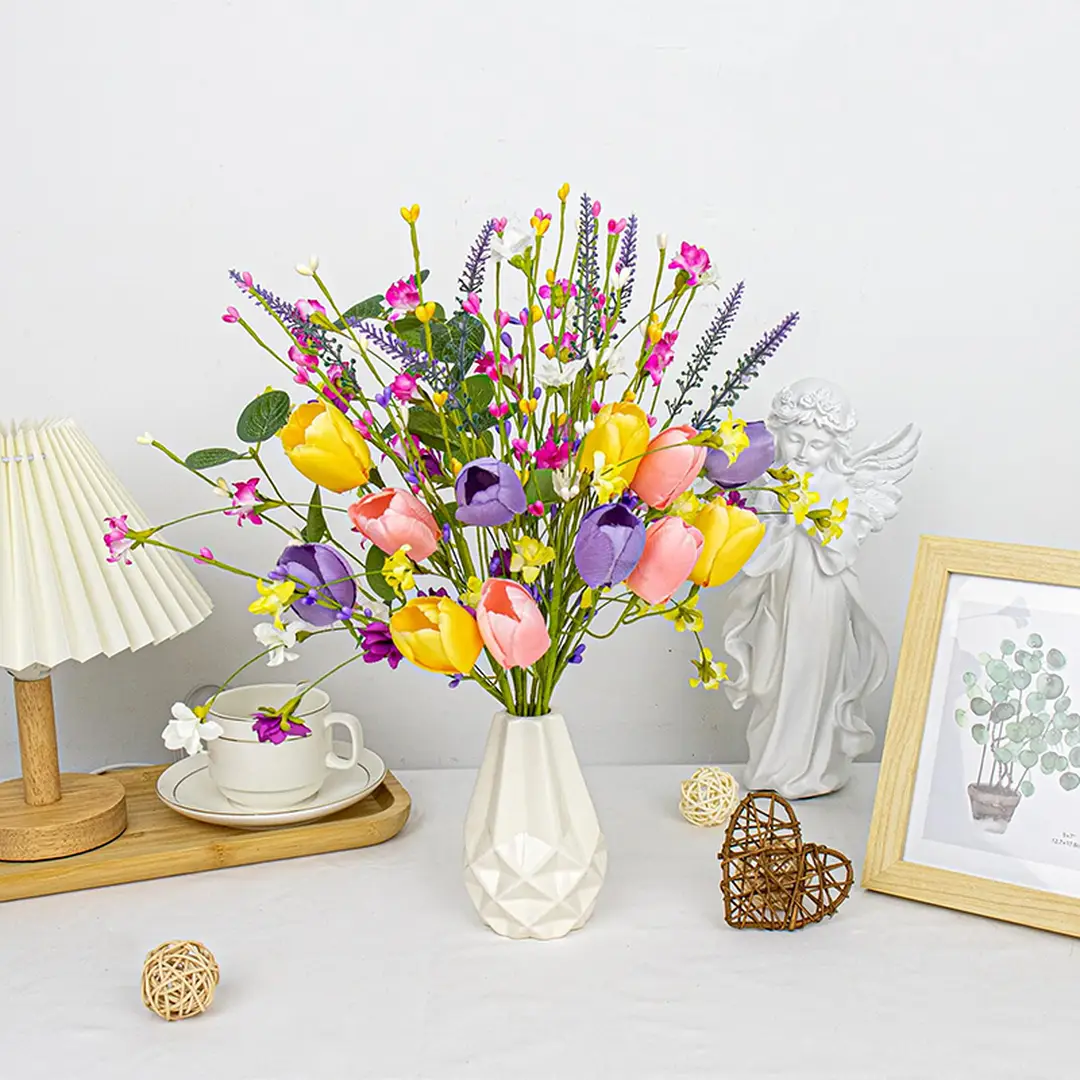 6 Stück 17 Zoll/43,18 cm  
Künstliche Frühlingsblumen - Frühlingsblütenstiele, Blumenstecker mit rosa, gelben und violetten Tulpen und Wildblumen für Tischdekorationen, Vasen, Blumenarrangements, Sommer- und Osterdekoration