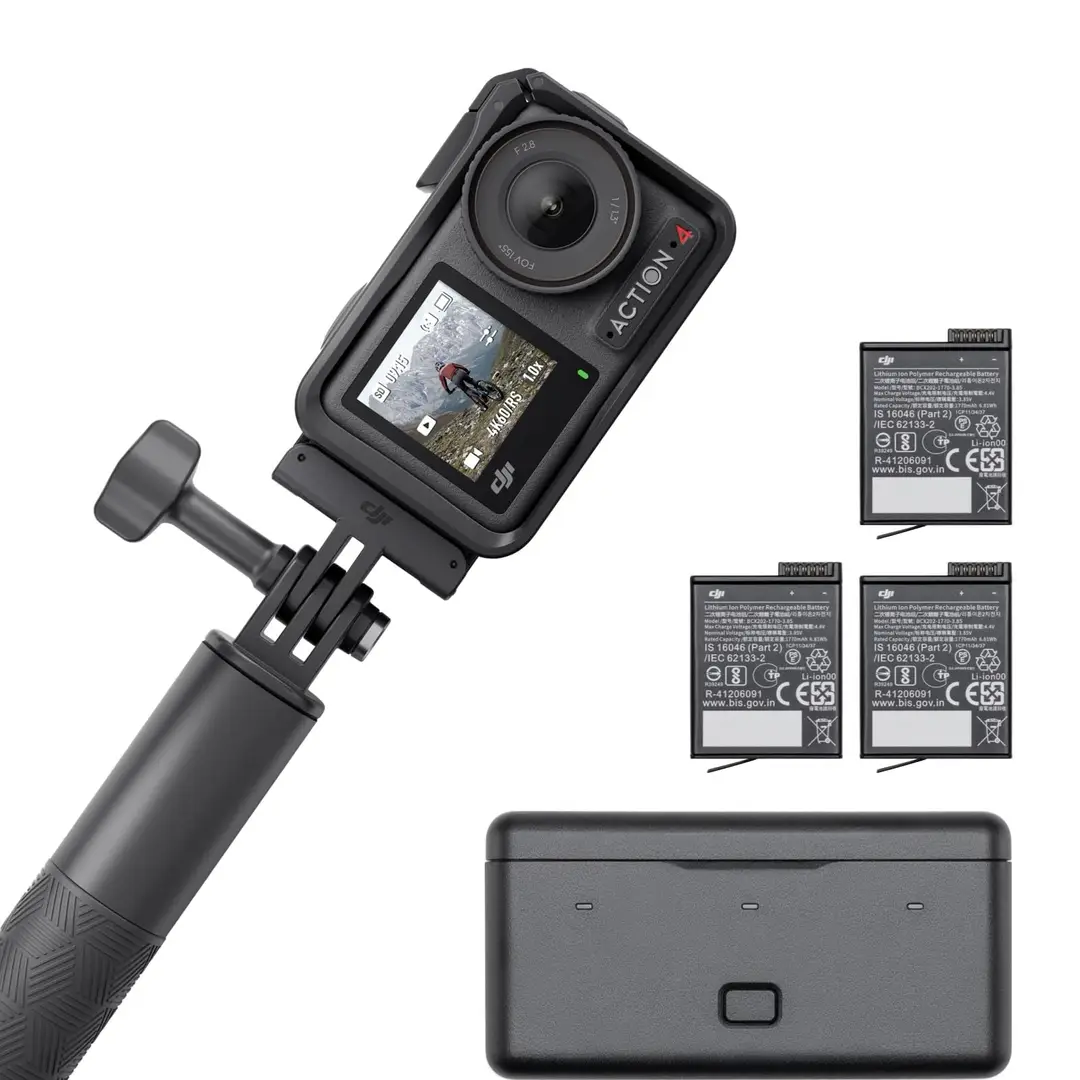 DJI Osmo Action 4 Adventure Combo - 4K/120fps wasserdichte actionkamera mit 1/1,3-Zoll-Sensor, 10-Bit & D-Log M farbperformance, 155° ultra-weitwinkel, über 7,5 Std. akkulaufzeit mit 3 zusatzakkus für Vlogging