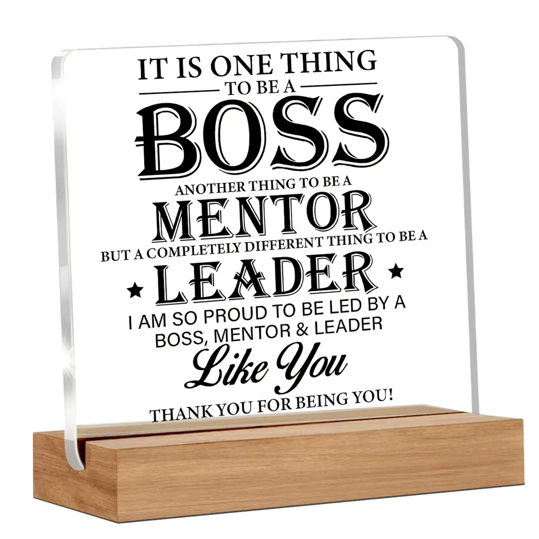 Alphynix 1 Stück „BOSS MENTOR LEADER“ Acryl-Geschenktafel mit Holzständer, mit Aufschrift „Danke, dass du du selbst bist“ und gestichtetem Text-Design, Geschenk für den Vorgesetzten für den Bürogebrauch