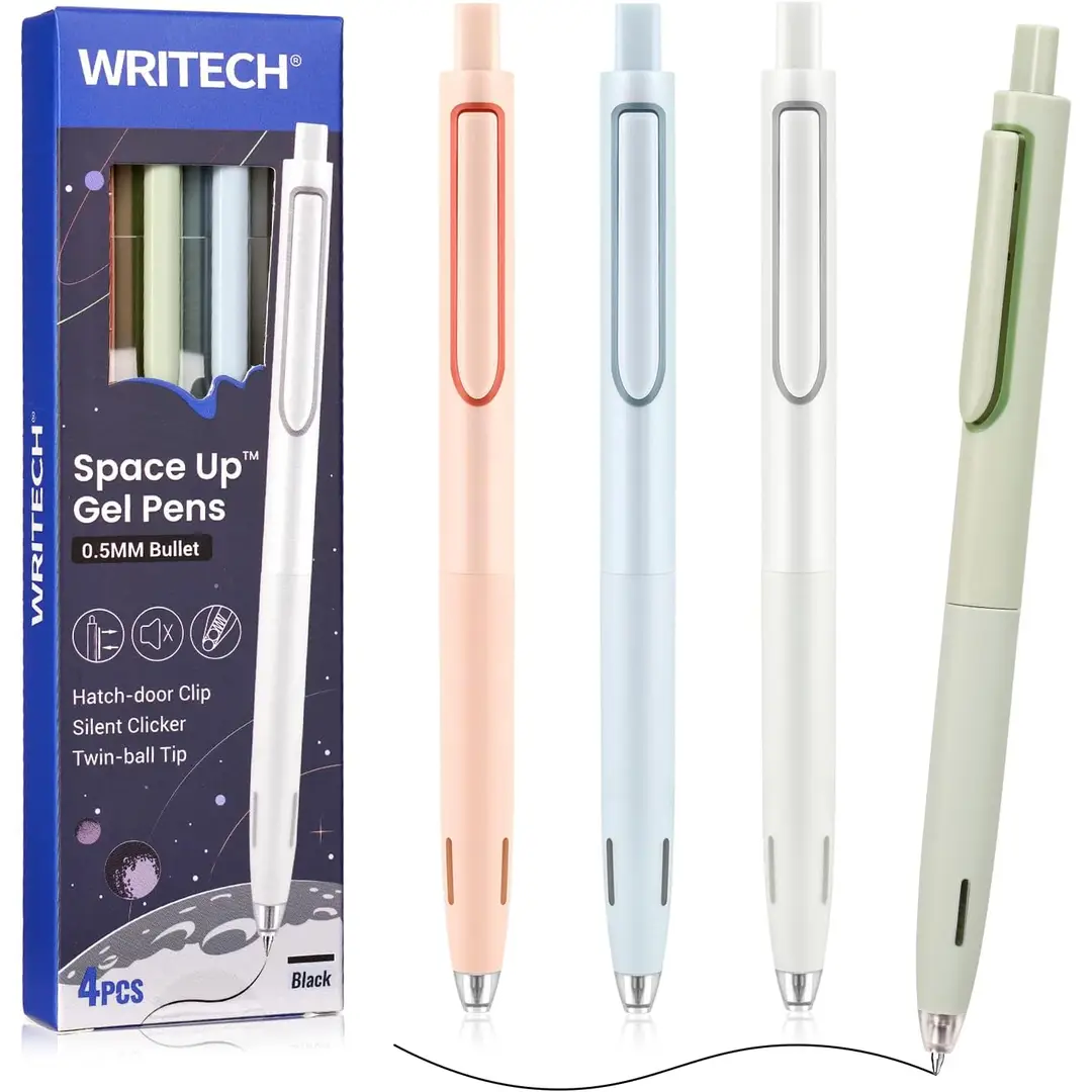 WRITECH Gelstift, feine Spitze, 0,5 mm, rückziehbar, schwarz, flüssig für Journaling, leiser Klick, 4er-Set, Up-Gel