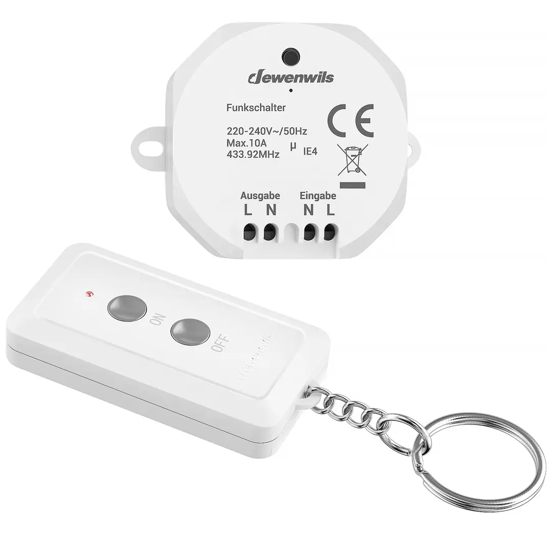 Dewenwils 230 V draadloze schakelaarset met 1 ontvanger en 1 afstandsbediening, 30 m actieradius, kabelloos, tot 2300 W, uitbreidbaar, wit