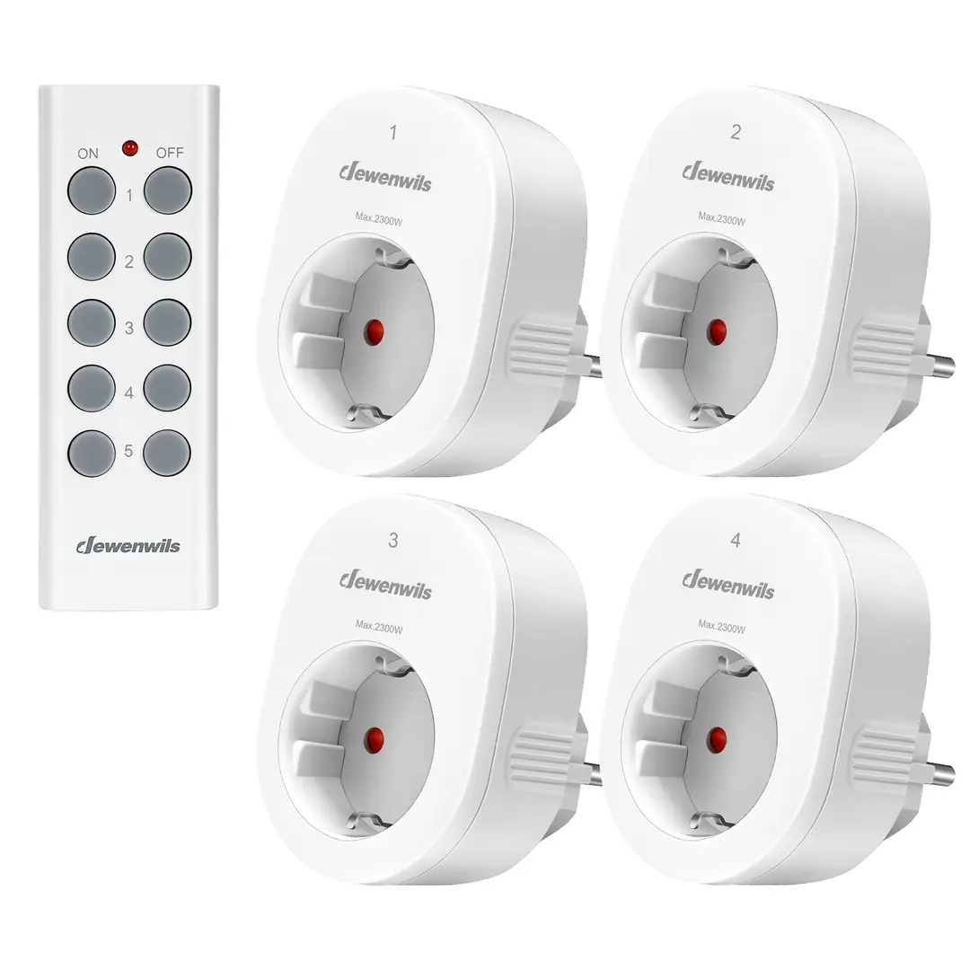 Dewenwils afstandsbediende stekkerdozen, set van 4, met 1 afstandsbediening, draadloze stekkerdozen, 2300 W, 30 m bedieningsbereik, uitbreidbaar systeem, wit