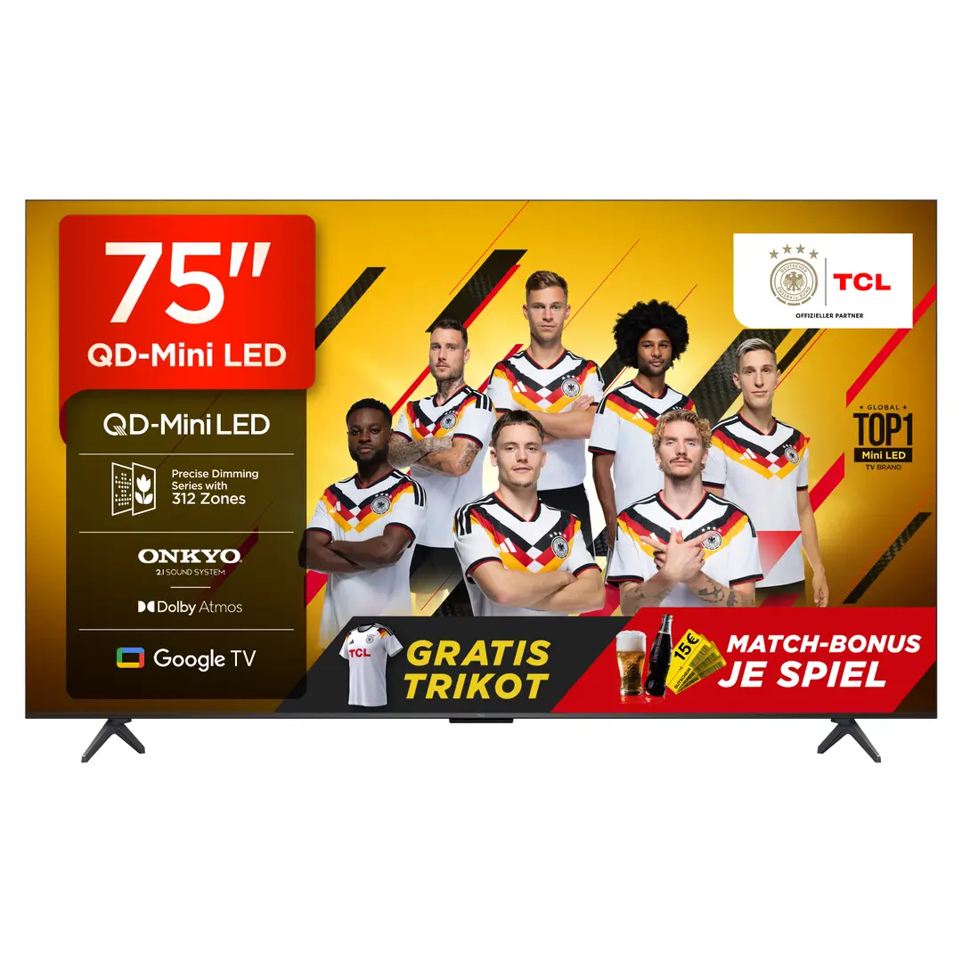 TCL 75Q6C QLED Mini LED Fernseher, 75 Zoll, 4K HDR Premium, Dolby Vision IQ & Atmos, Onkyo 2.1 Sound, Smart TV mit Google TV, Game master, 144Hz Motion Clarity Pro, AMD FreeSync Premium Pro, HDMI 2.1, AirPlay 2, Google Assistant & Alexa