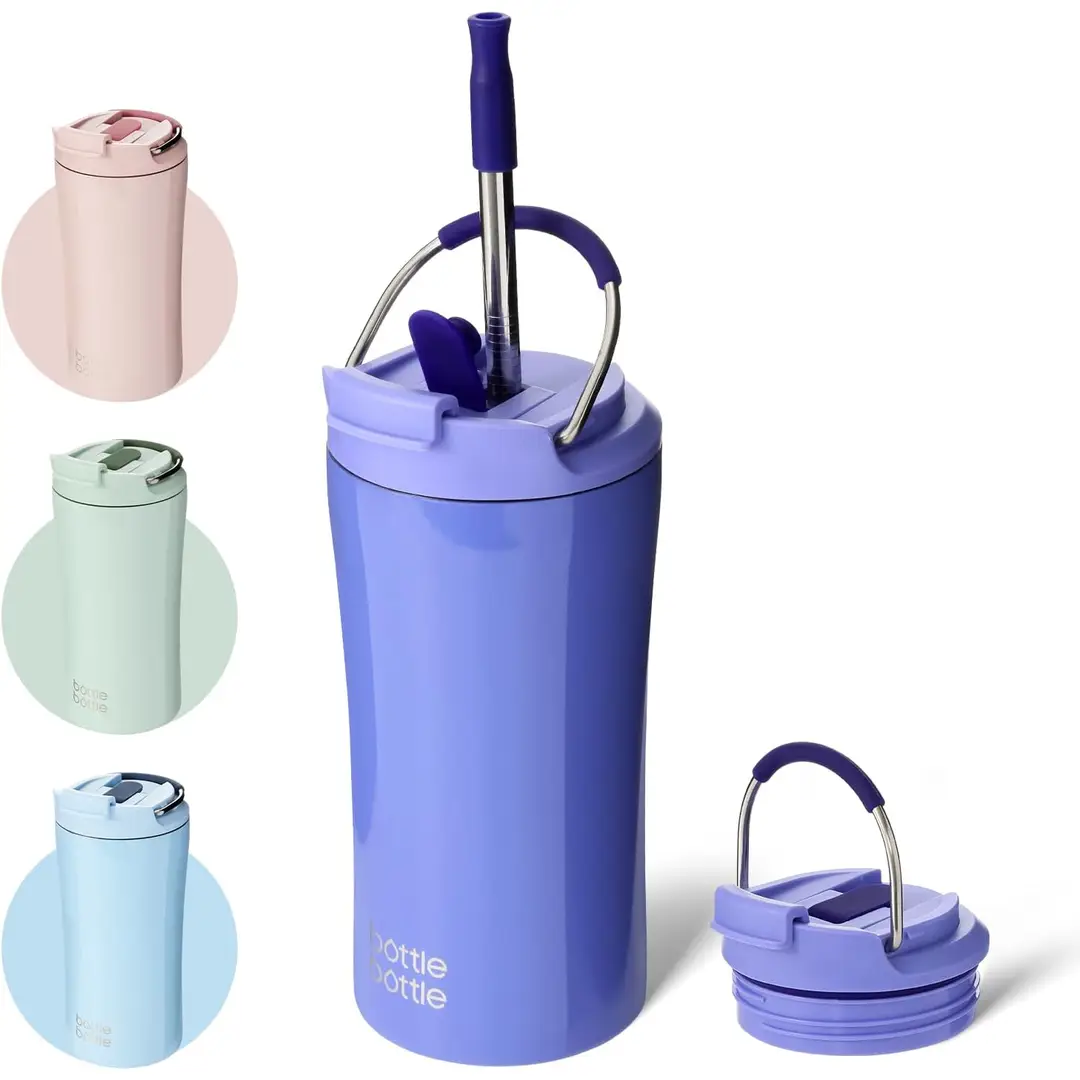 Bottle Bottle dubbelwandige ijskoffiemok met dubbelzijdige deksel en dubbelzijdige rietjes, 12 oz, roestvrij staal, paars, nieuwjaarsaanbieding, topkeuzes voor cadeaus