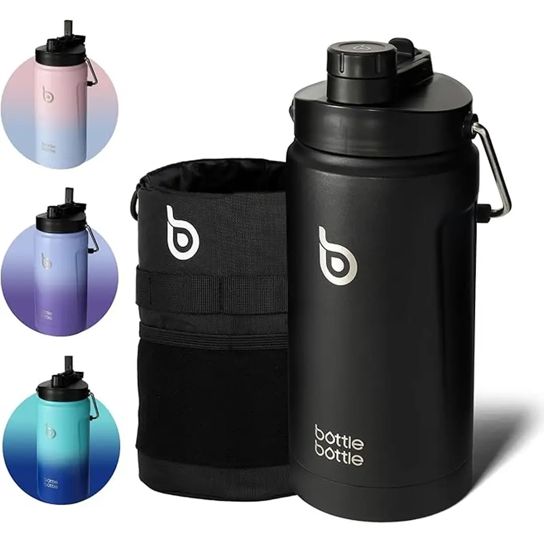 Bottle Bottle roestvrijstalen sportdrinkfles, geïsoleerd, dubbele deksel, handvat, zwart, 64 oz (1,8 L), nieuwe jaargang, top cadeauopties