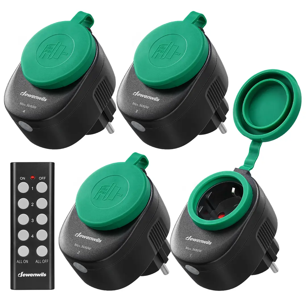 Dewenwils draadloze buitenstopcontacten met afstandsbediening, 3680 W, programmeerbaar, IP44, 4 stopcontacten, 30 m bereik, zwart