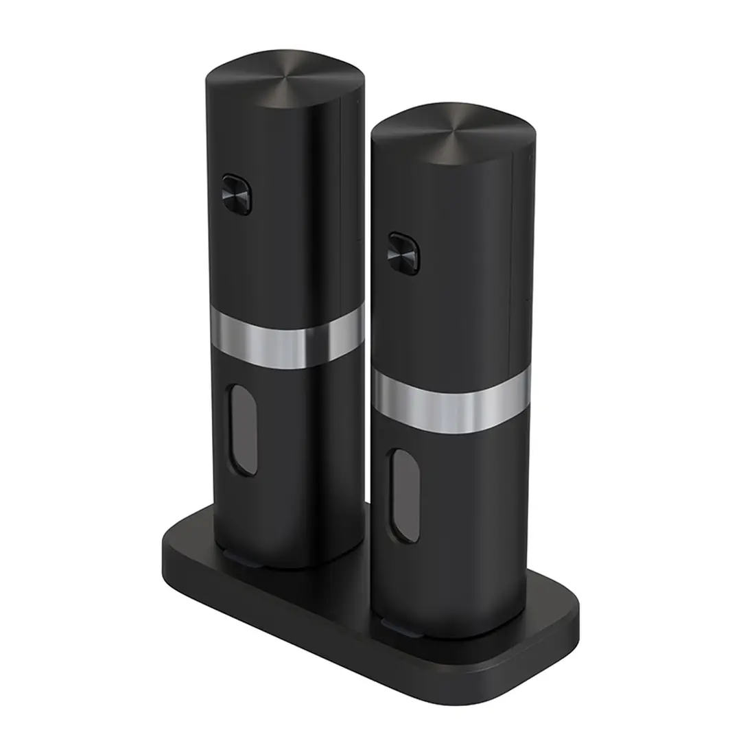 Cuisync Electric Salt and Pepper Grinder Set with Rechargeable Base - Refillable Pepper Mill Set with LED Light & Adjustable Coarseness, Ideal for Kitchen, Outdoor, BBQ & Gift Giving, 2-Pack, Black KYMQ-7C