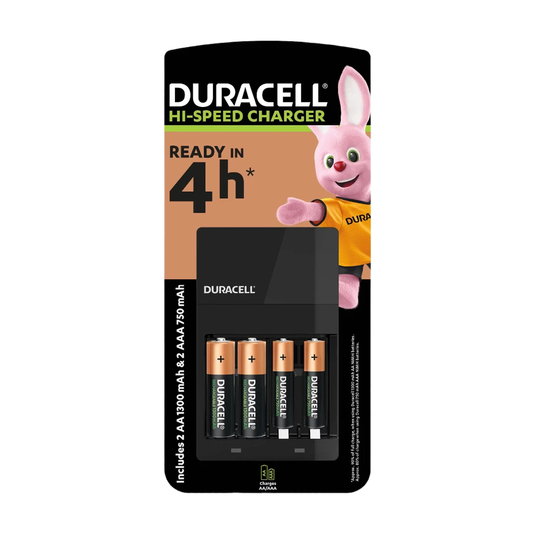 DURACELL Chargeur Piles Rechargeables 4 heures, 2 piles AA et 2 piles AAA