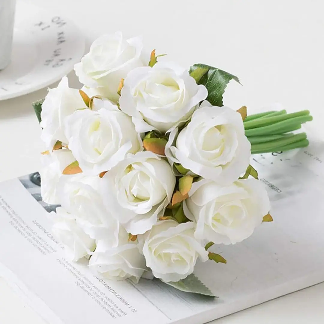 12 Stück 10,6 Zoll/26,92 cm  
Künstliche Rosen Einzelstiel Kunstseidenblume Arrangement Brautstrauß Real-Touch für Zuhause, Party, Hochzeitsdekoration (weiß)
