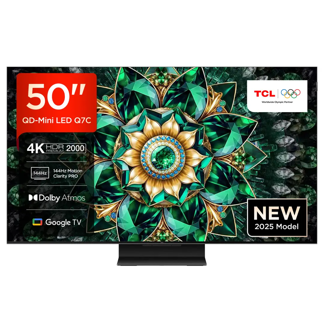 TCL 50Q7C QLED Mini LED Fernseher, 50 Zoll, 4K HDR Premium, Dolby Vision IQ & Atmos, Smart TV mit Google TV, Onkyo 2.0 Sound, 144Hz VRR, AMD FreeSync Premium Pro, HDMI 2.1, AirPlay 2, Alexa, IMAX Enhanced