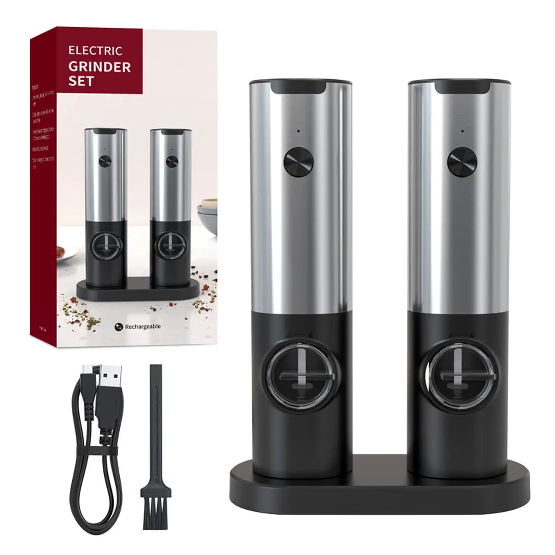 CUISYNC Stainless Steel Electric Grinder Set - Adjustable Coarseness with Charging Base 2-Pack KYMQ-17C