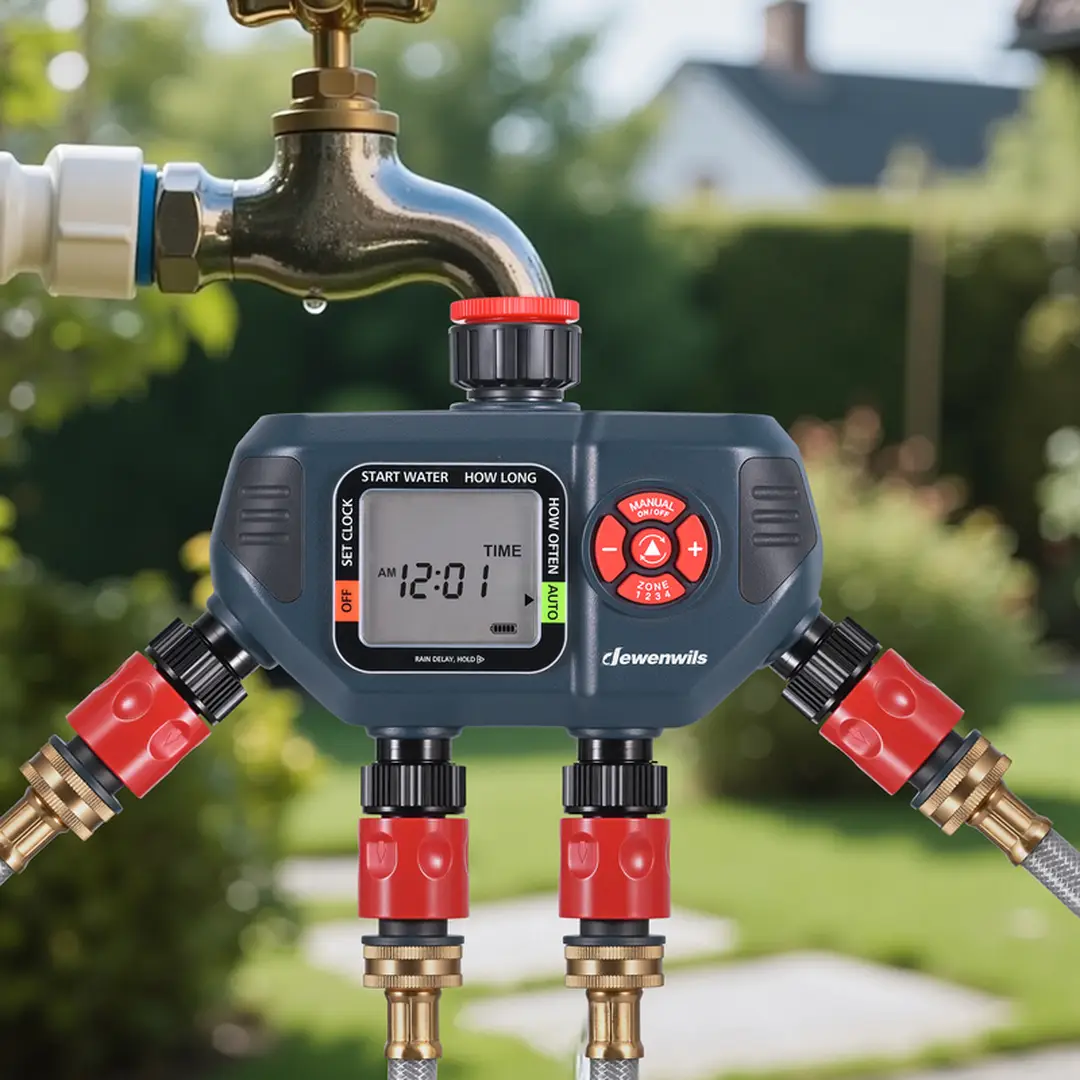 Dewenwils 4-zone tuinsproeier-timer, watertimer voor tuinslang met regenvertraging/handmatig/AUTO-irrigatie, programmeerbare buitenkraan-slang voor terras en gazon
