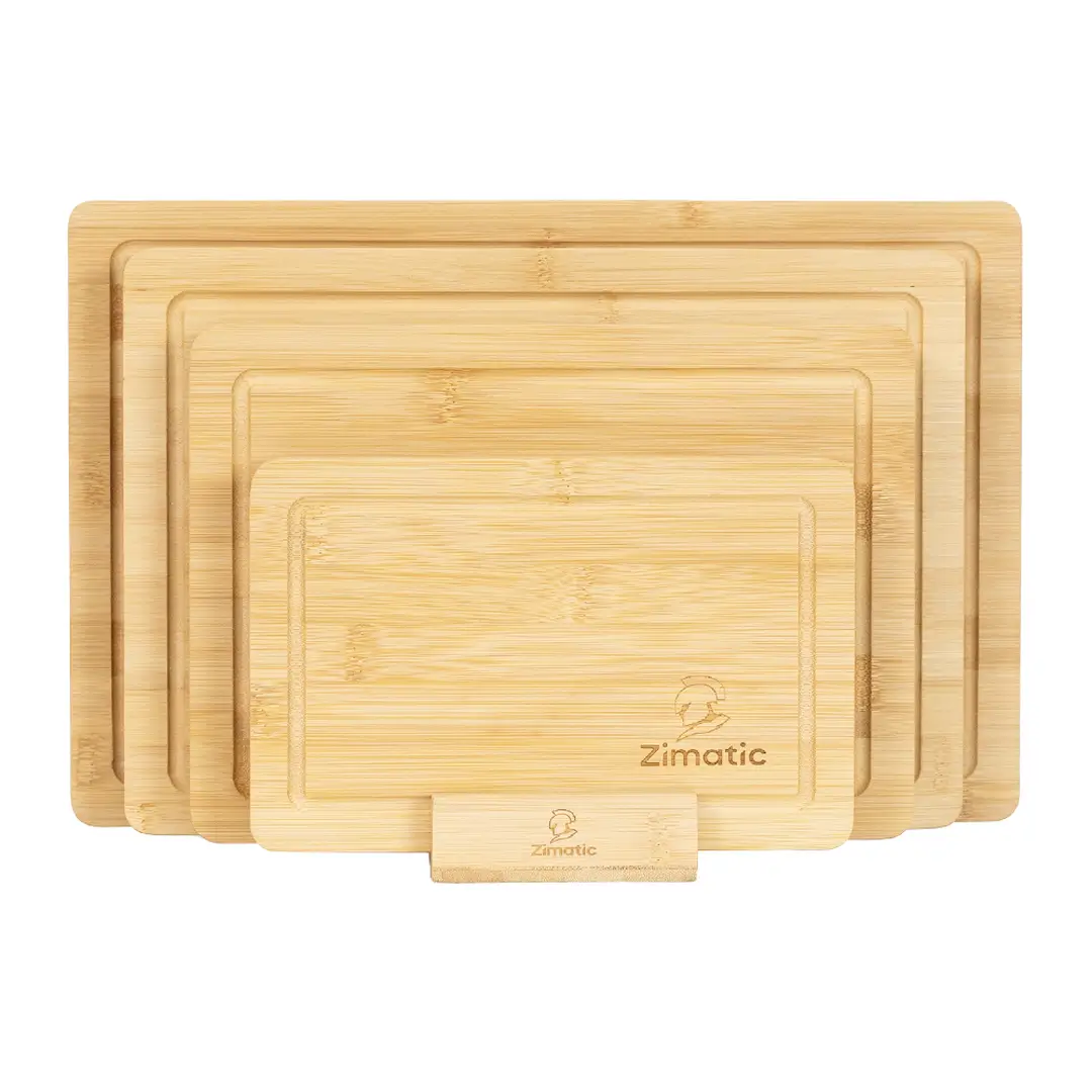 Ensemble de 4 Planches à Découper en Bambou Zimatic avec Support Antidérapant, Idéal pour la Cuisine, Fromage ou Fruits, Coffret Cadeau