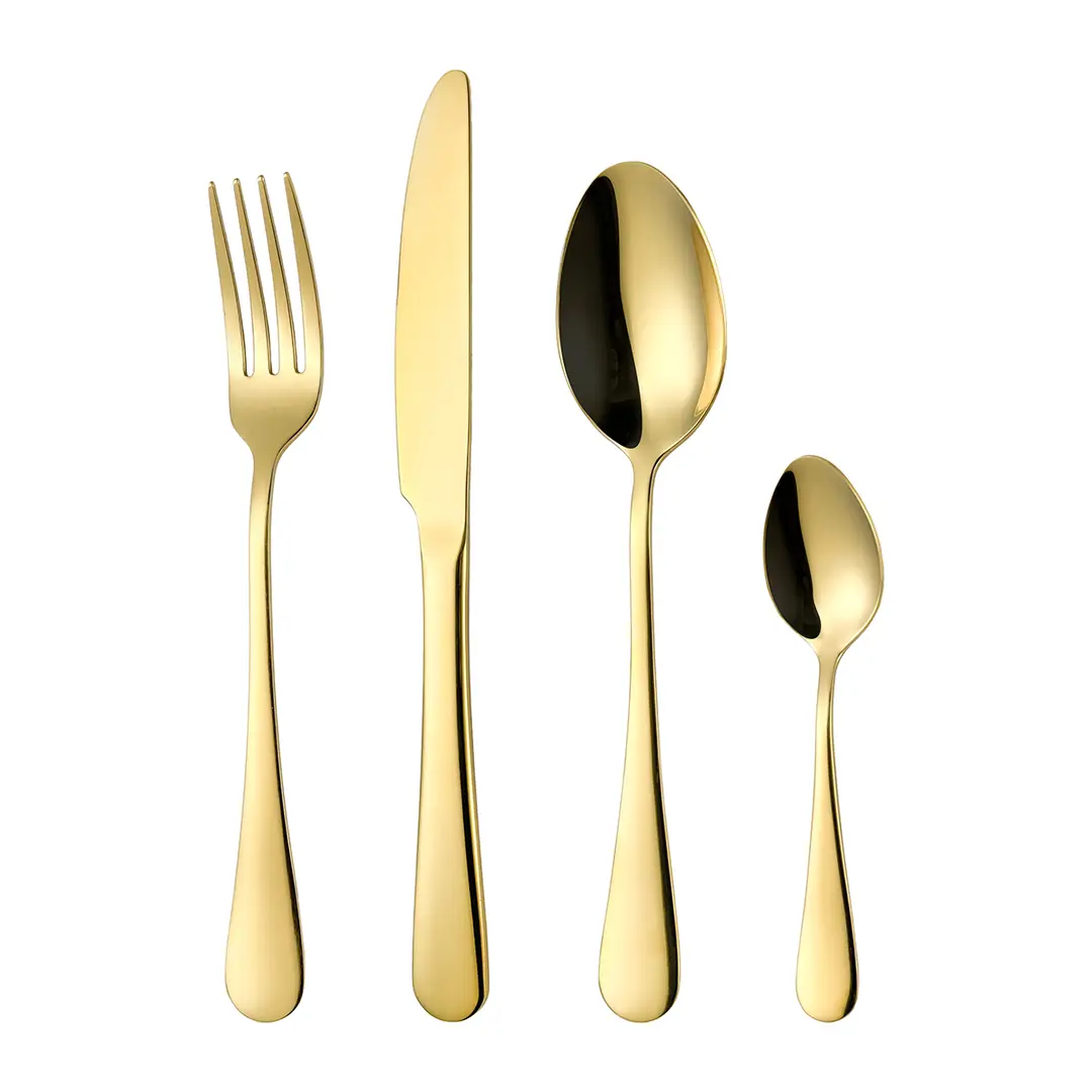 FangYuan 4-teiliges Besteckset aus goldenem Edelstahl mit Messer, Gabel, Löffel, hochwertig, spülmaschinengeeignet, 1010