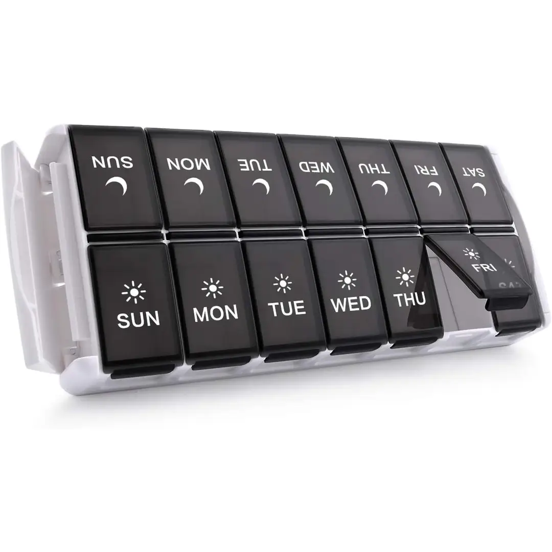 VVM Makkelijk te vullen wekelijkse pillendoos, tweemaal per dag, medicijnorganizer AM PM pillendoos, grote capaciteit 7-daagse pillendoos voor pillen/vitamines/visolie/supplementen, zwart