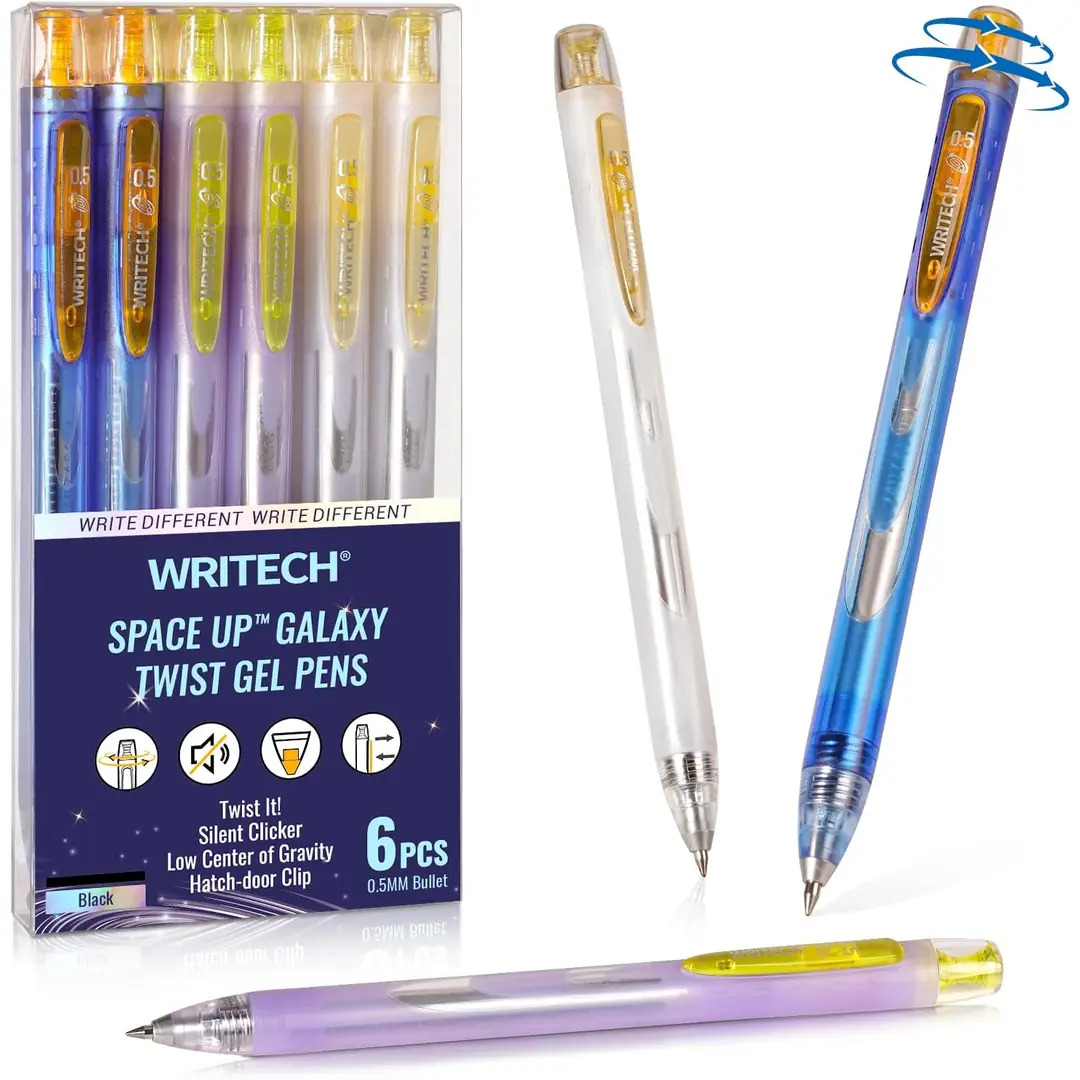 WRITECH Twist Gel-Ink-Stifte: Feine Spitze 0,5 mm Schwarz 6 Stück Niedriges Schwerpunkt drehbares Stift Kein Verschmieren Leises Klicken Platz nach oben Gel-Galaxie