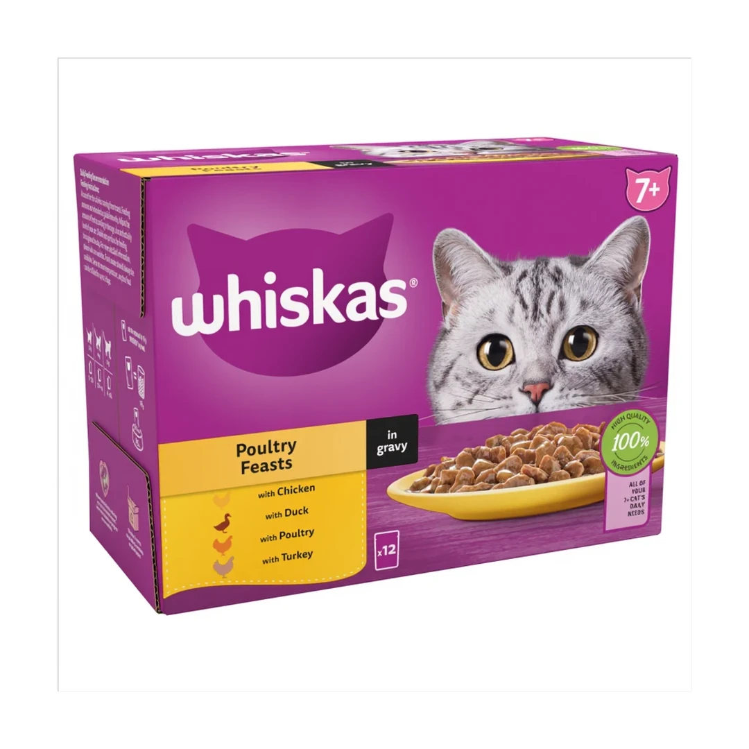 Whiskas 7+ Poultry Feasts Senior Wet Cat Food Pouches in Gravy 12 x 85g