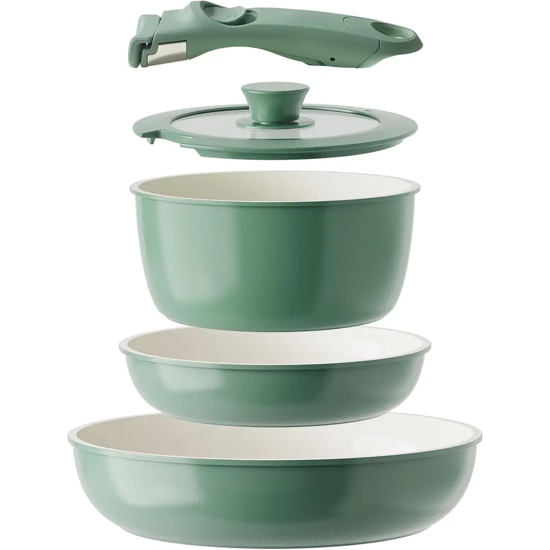 Redchef 5-teiliges Keramik-Kochgeschirr-Set, inklusive 20 cm Stielkasserolle mit Deckel und 20 cm/26 cm Bratpfannen, abnehmbarem Griff, PTFE/PFOA/PFAS-frei, spülmaschinengeeignet, außen dunkelgrün, innen cremefarben