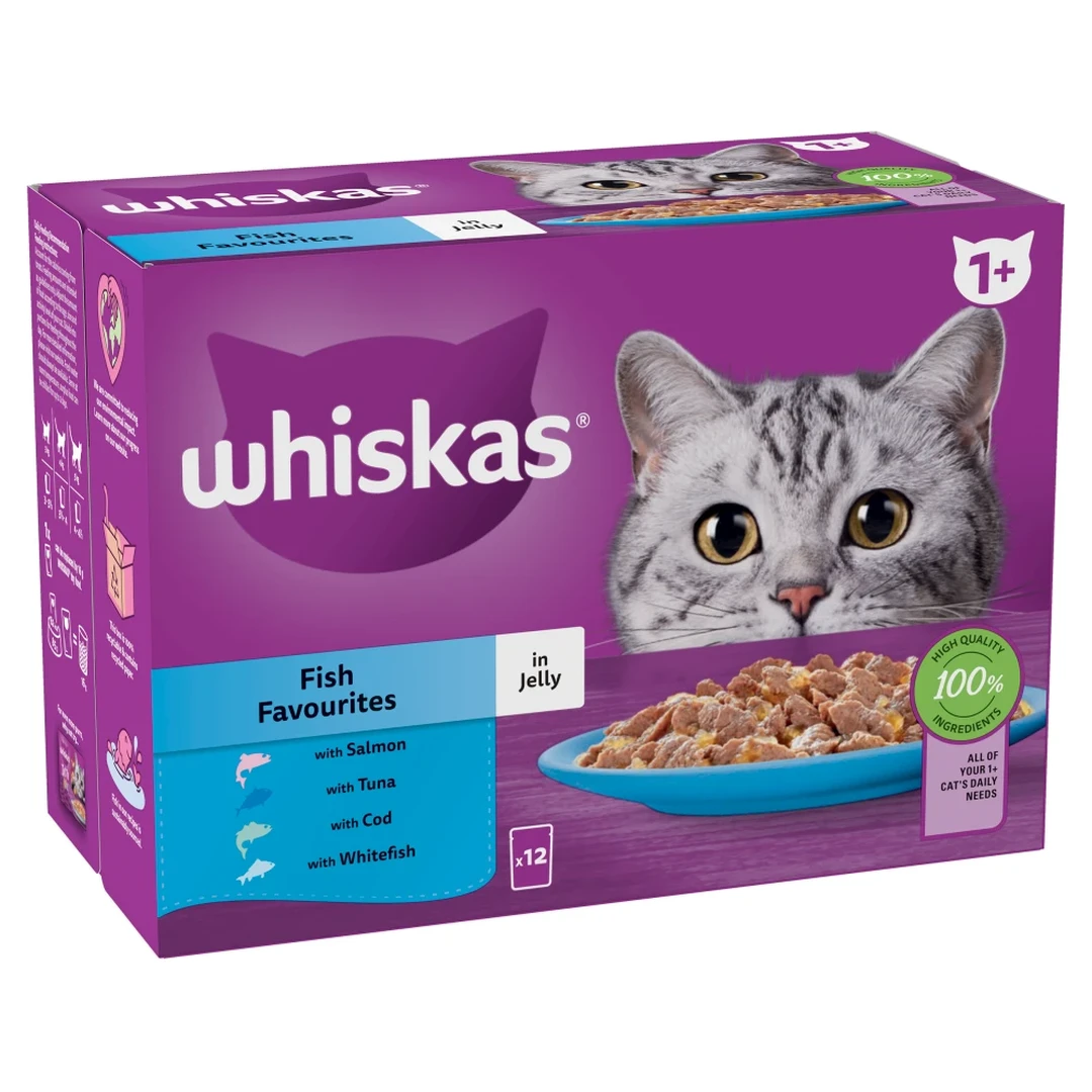 Whiskas 1+ Fish Favourites Adult Wet Cat Food Pouches in Jelly 12 x 85g