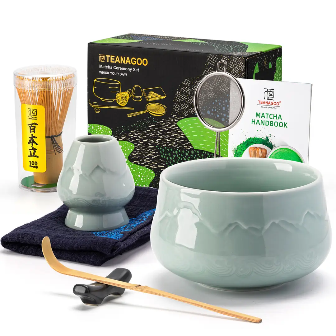 TEANAGOO Matcha-Set (7-teilig) Matcha-Besen Matcha-Kit Matcha-Schale mit Ausguss Bambus Matcha-Besen (Chasen) Löffel (Chashaku) Besenhalter. N26, Seladon Blau, Matcha-Grünteepulver, Neujahrsangebot, Top-Geschenkempfehlungen