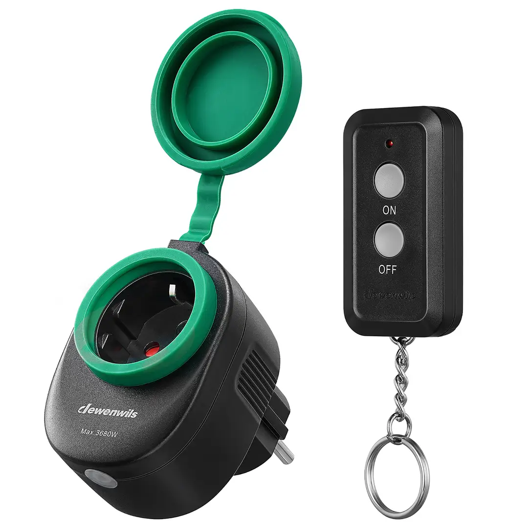 Dewenwils buitenstopcontact met afstandsbediening, 16 A 3680 W programmeerbare draadloze stekkerset, IP44, 1 stopcontact met 1 afstandsbediening voor feestdecoraties, 30 m bereik, zwart