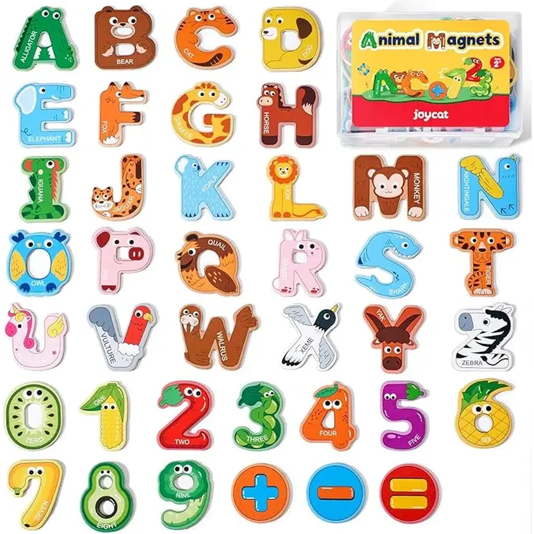 JoyCat Holz-Alphabet- & Zahlenmagnete - Große Tiermotive ABC 26 Großbuchstaben & 0-9 Zahlen-Set für Kleinkinder