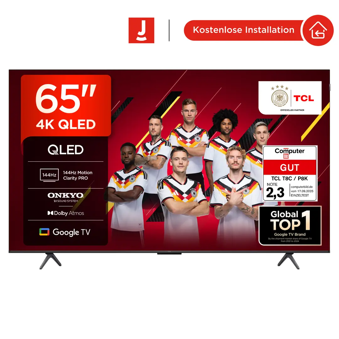 TCL 65T8C 65 Zoll QLED 4K HDR UHD Fernseher, Smart Google TV Dolby Vision Atmos,144Hz Motion Clarity Pro, Game Bar, ALLM, FreeSync, Onkyo 2.1 Sound, Sprachsteuerung, Kompatibel mit Google Assistant