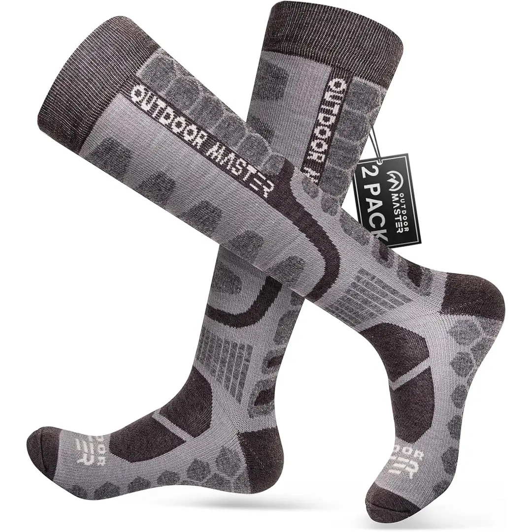 OutdoorMaster Lot de 2 paires de chaussettes de ski en laine mérinos à compression gris foncé - Taille M
