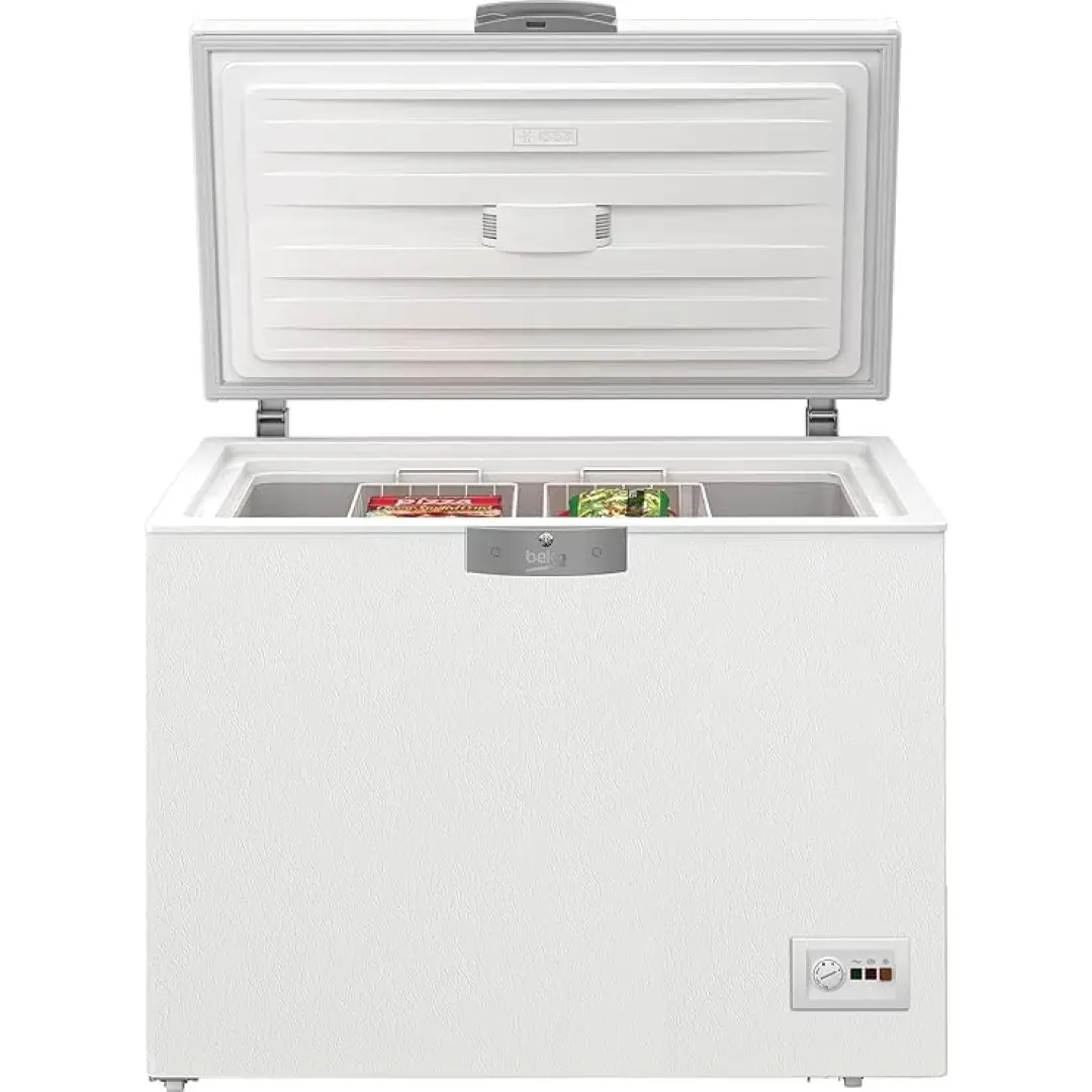 Beko HSM22340 Gefrierschrank, 230 L Nutzvolumen, 2 Gefrierkörbe, Temperaturalarm, abschließbar, LED-Anzeigesystem, Innenbeleuchtung, 35 dB (A), Transportrollen, Weiß