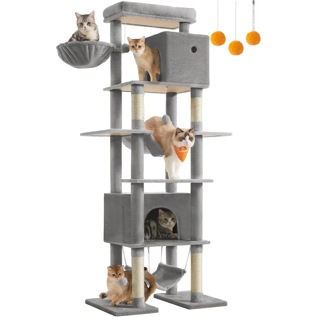 Feandrea PCT195G01 Arbre à chat XXL, 201 cm, multi-niveaux, avec 1 plate-forme, 1 panier, 2 niches, 2 hamacs et protection anti-basculement, gris clair