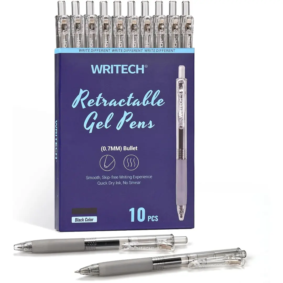 WRITECH Retraktible Gelroller: 0,7 mm mittlere Spitze, schwarze Tinte, fürs Tagebuchschreiben, glatter Schreibfluss, schnelltrocknende Tinte, kein Durchschreiben, Set mit 10 Stück