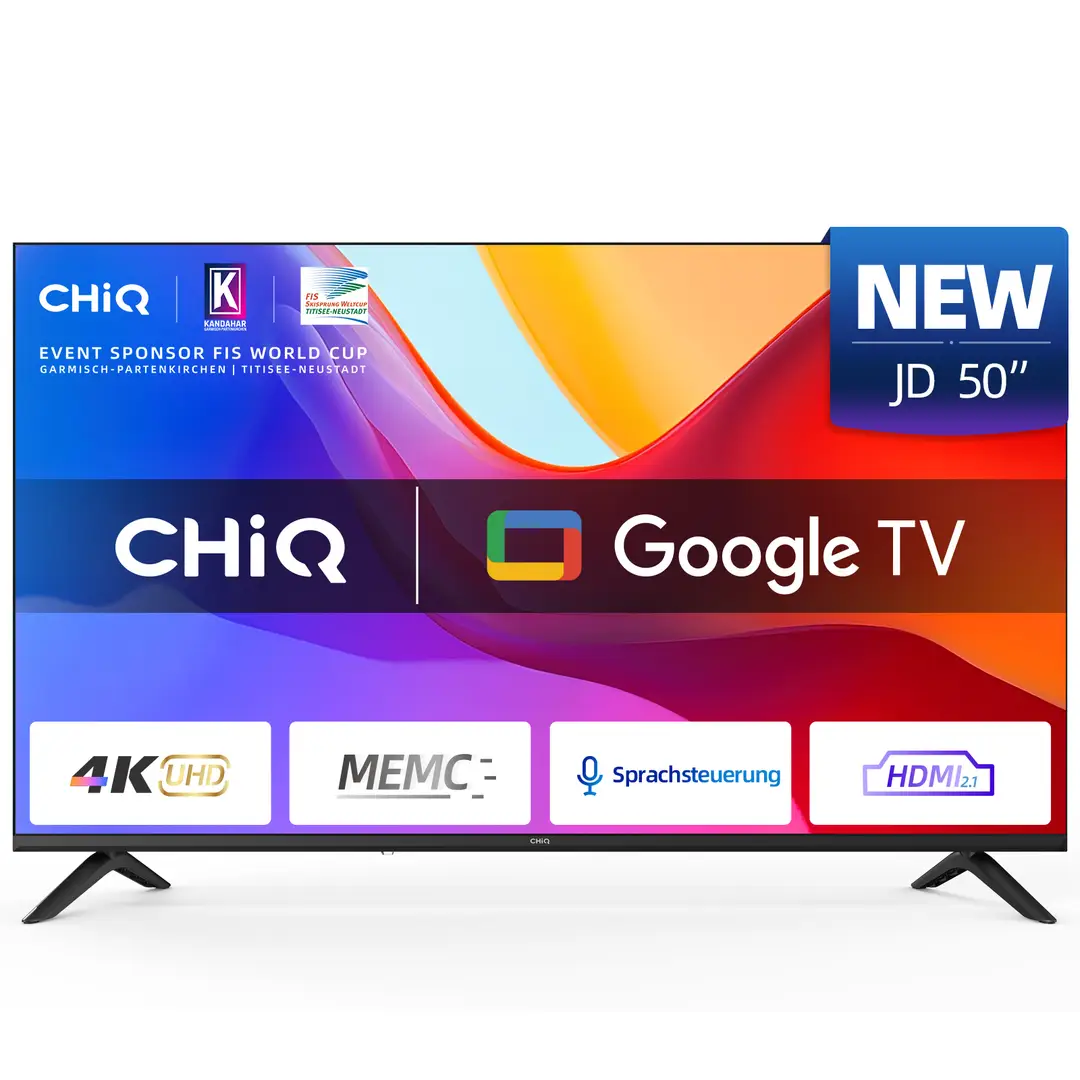 CHiQ U50JD 50 Zoll (127 cm) 4K Ultra HD Smart TV, Google TV, HDR10, MEMC & ALLM, Bluetooth 5.1, 5000:1 Kontrast, Dolby Audio, Metall Design ohne Rahmen