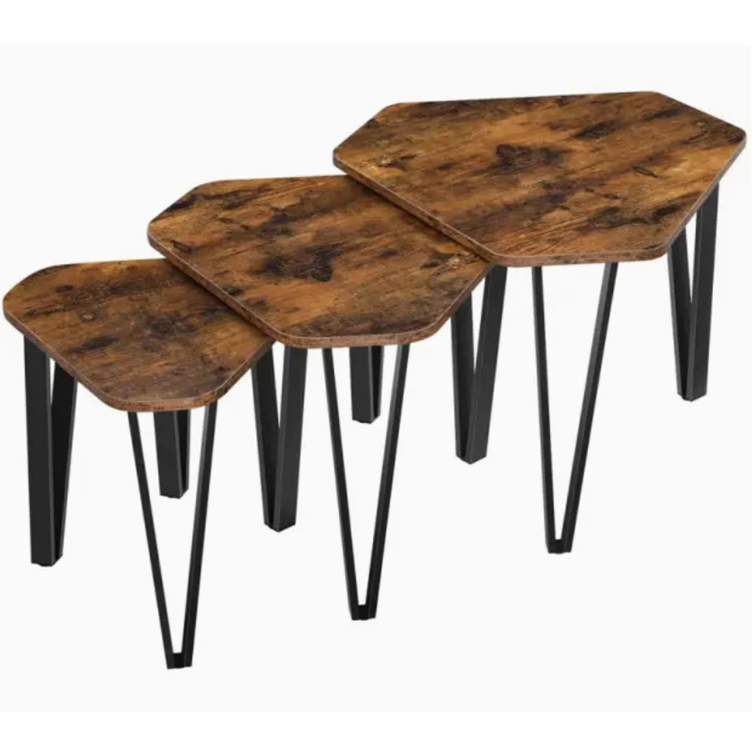 Euziel Ensemble de tables d'appoint Vasagle, 3 pièces. Tables de chevet, tables basses, avec pieds en métal, construction simple, design industriel, marron-noir vintage