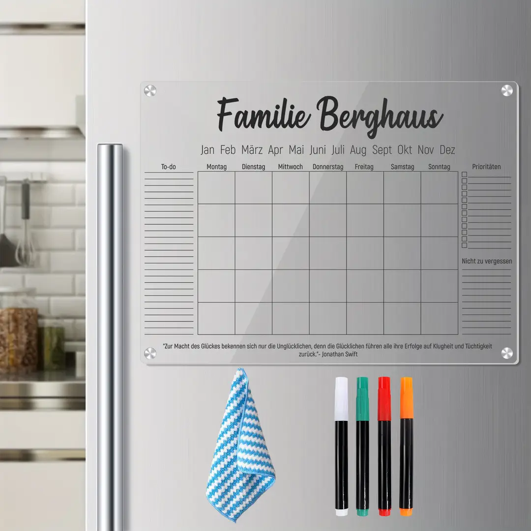 Alphynix 1 Stück deutsche Familiengestaltungsbrett, magnetischer Dry-Erase-Kalender mit dem Beispiel „Familie Berghaus“, inkl. To-Do-Liste, Prioritäts-Sektion, 4 Markern & Reinigungstuch