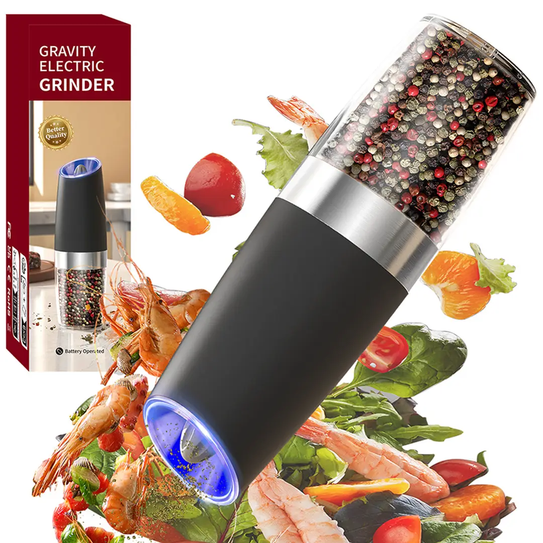 Cuisync Gravity Electric Salt and Pepper Grinder, Battery-Powered LED Light, One-Handed Operation, Adjustable Coarseness, Electric Salt and Pepper Mill, Model KYMQ-50B