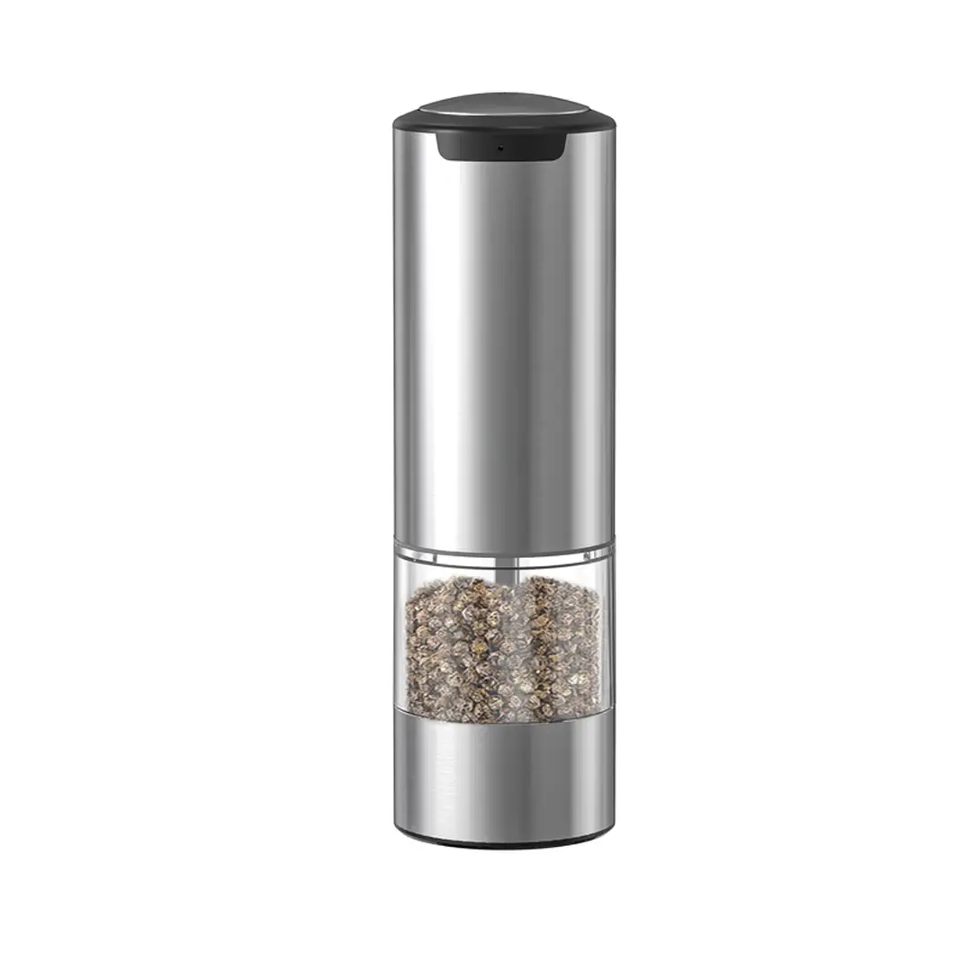 Cuisync Rechargeable Electric Salt and Pepper Grinder with Base, Stainless Steel Pepper Mills with 95ml Container, LED Light and External Adjustable Coarseness, Silver，KYMQ-37A