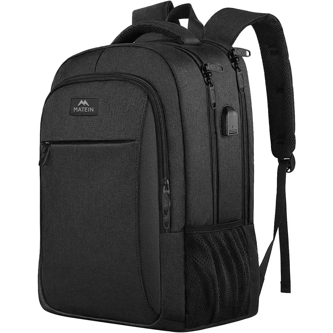 MATEIN Business Laptop Rucksack 15,6 Zoll Reise Laptoptasche mit USB Ladeanschluss Wasserabweisend Daypack Arbeit College Computer Herren Damen, Schwarz
