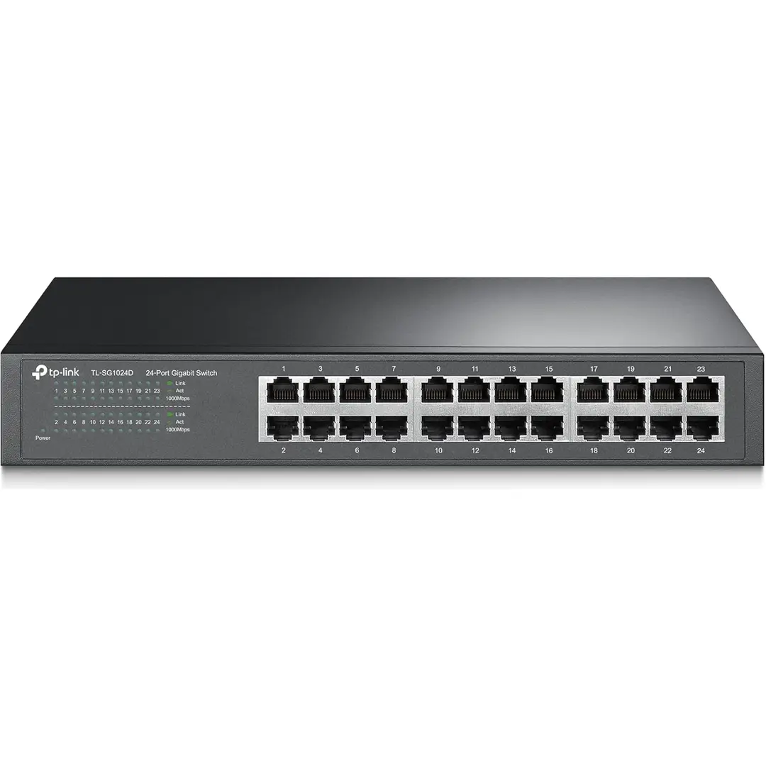 TP-Link TL-SG1024D 24-Port-Gigabit-Netzwerkswitch (Rackmount, 48 Gbit/s Switching-Kapazität, 24 RJ-45 Ports, Metallgehäuse, IGMP-Snooping, unmanaged, Plug-and-Play) schwarz