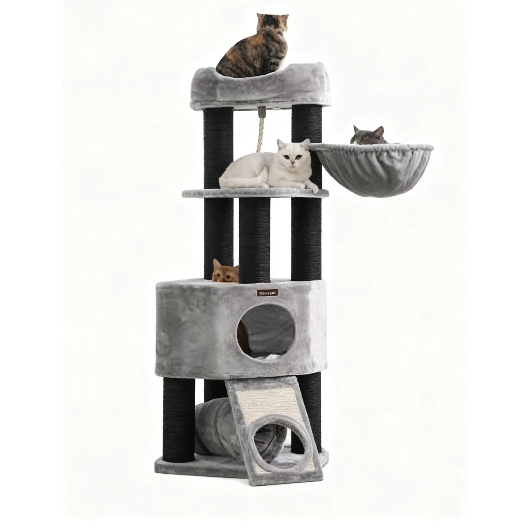 FEANDREA Großer Kratzbaum Plüsch-Plattform Korbhöhle Dicke Sisal-Pfosten Hellgrau