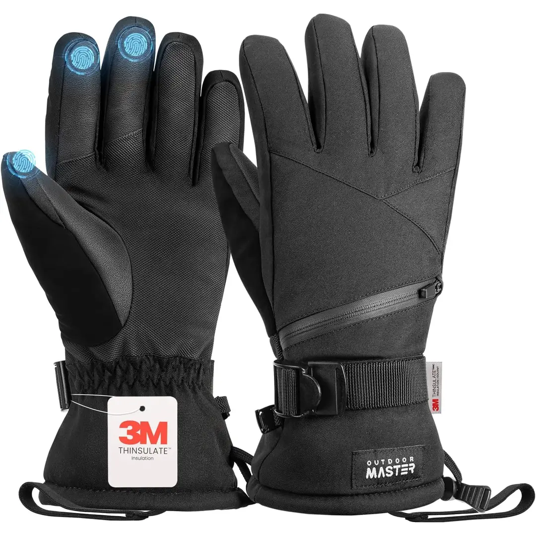 OutdoorMaster Ski- und Snowboardhandschuhe für Damen und Herren, 3M Thinsulate, 5-Finger, wasserdicht, Schwarz, Größe L