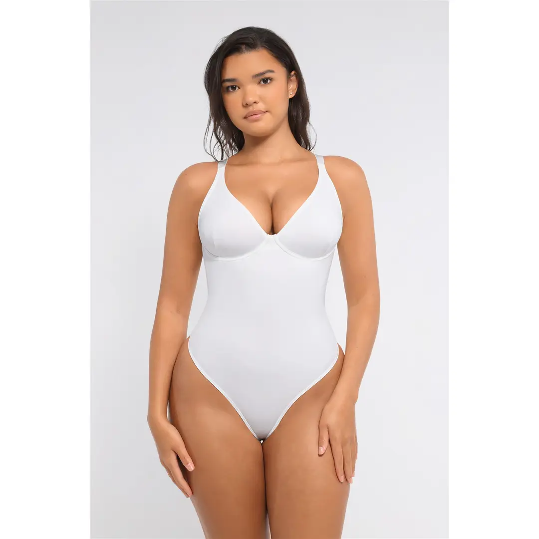 Feelingirl Valentine's Day Style Plunge V-Neck Sexy Vibe Thong One-Piece Tummy control Bodysuit for Women M WH