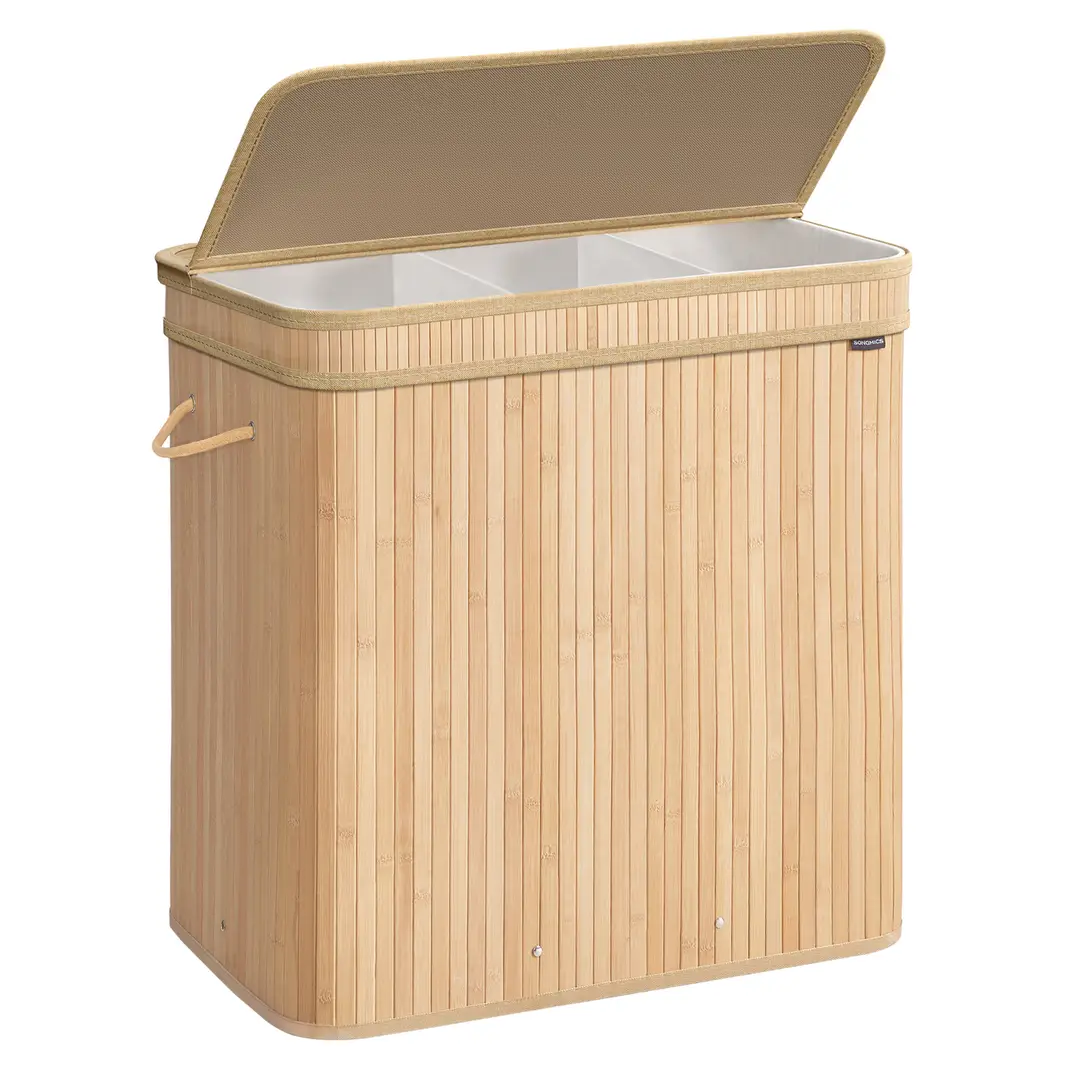 SONGMICS Bamboe Wasmand met Deksel Afneembaar Wasbaar 150L Natuur Beige