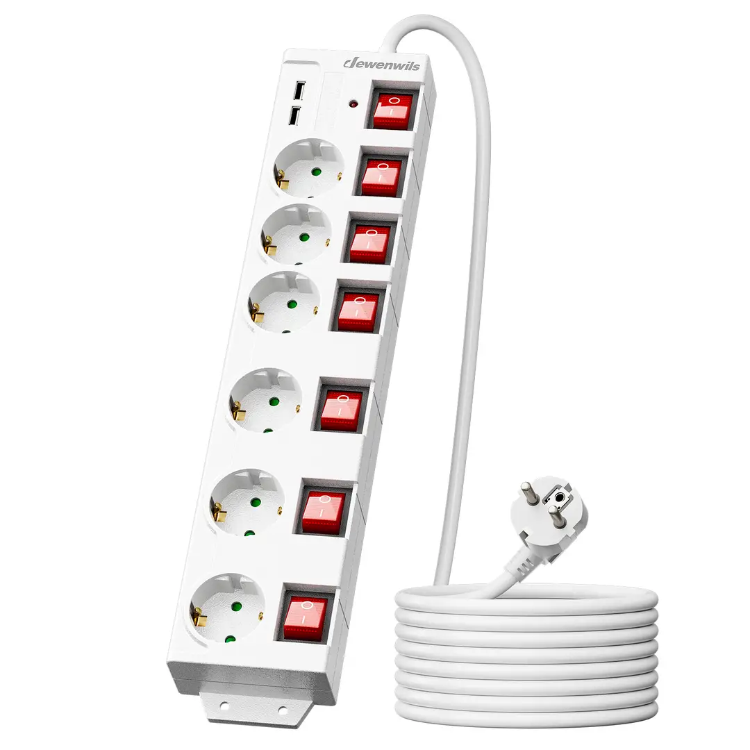 Dewenwils Multiprise 6 prises individuellement séparées avec 2 ports USB 3680 W / 16 A blanc - 5 m