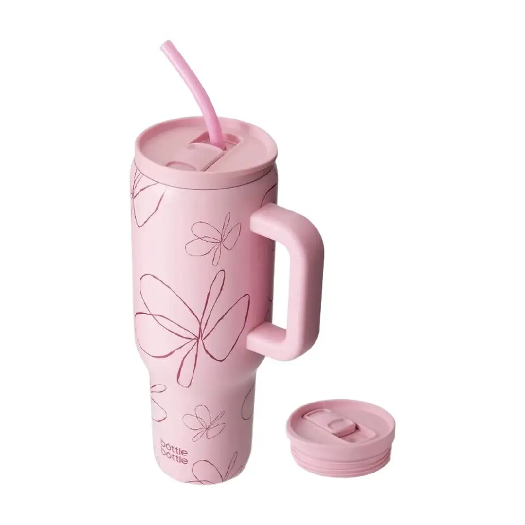 Bottle Bottle 40 oz Stainless Steel Vacuum Tumbler with Handle and Straw, Pink Flower
