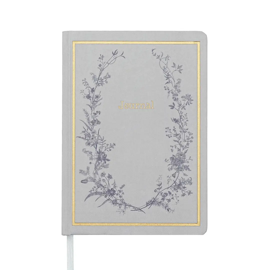 Jubiluu A5 Floral Fabric Hardcover Lined Notebook - 96 Sheets (100g offset paper), Bookmark & Elastic Band - Classic Cream Ruled Journal for Writing, School, Office, and Gifts-Blue Wreath