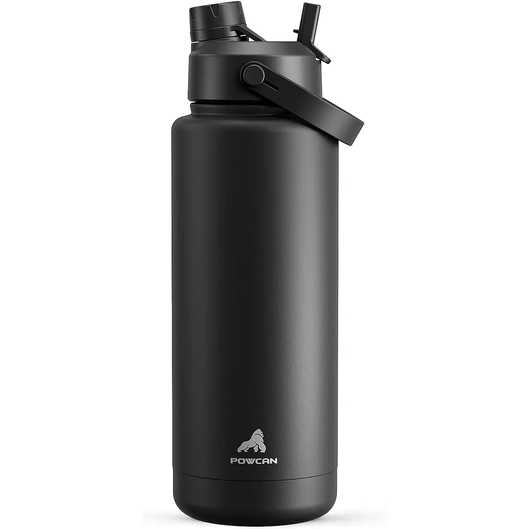 POWCAN by Meoky Sport-Trinkflasche mit zwei Öffnungen 40 Unzen (ca. 1180 ml) mit Tragegriff – Schwarz, Neujahrsangebot, Top-Geschenkempfehlungen