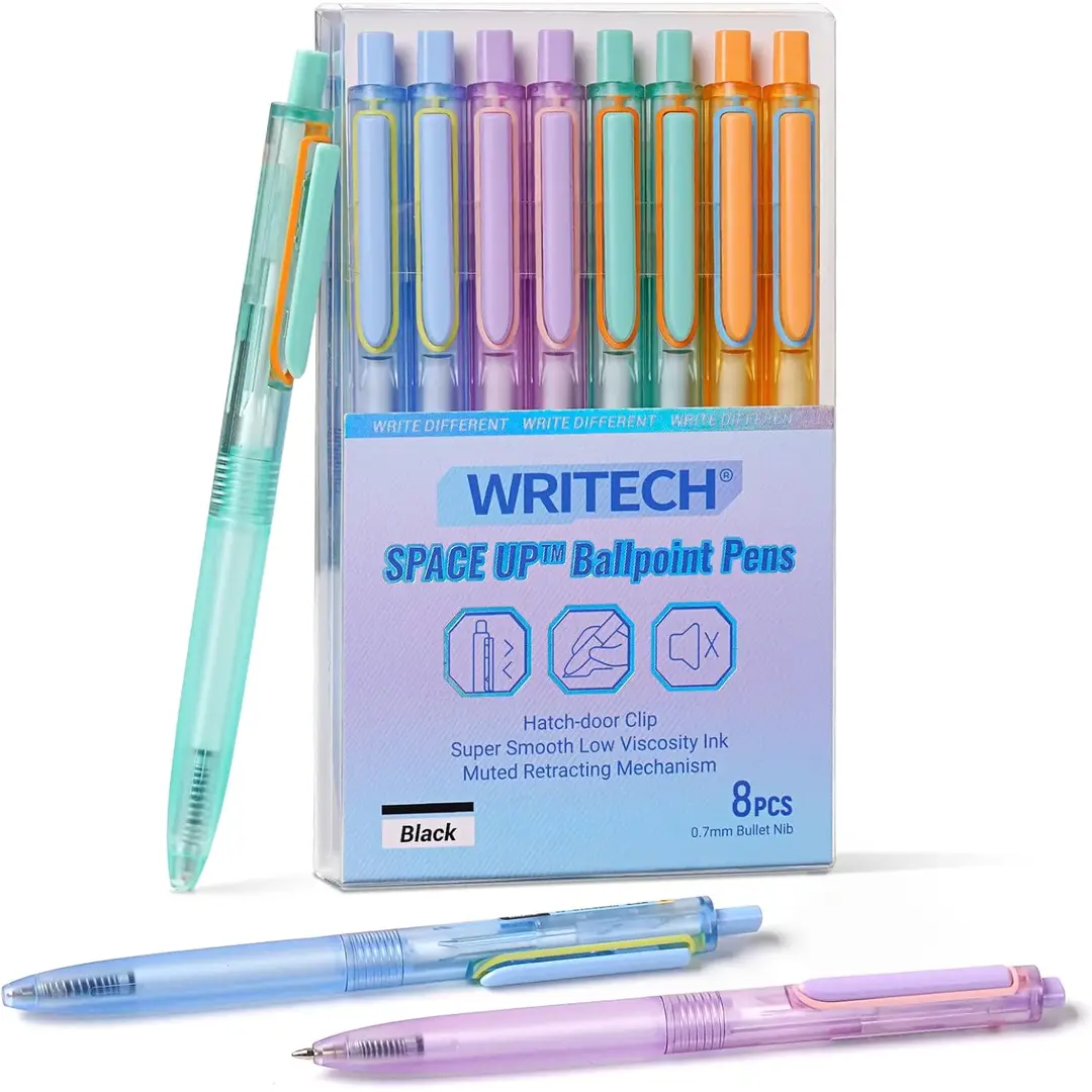WRITECH Kugelschreiber, schwarze Tinte, 0,7 mm feiner Spitze, druckmechanisch, 8er-Set, pastellige Farben, ultraglatte Schreibweise, tintenarm, mit Abstandsfunktion, leiser Klick