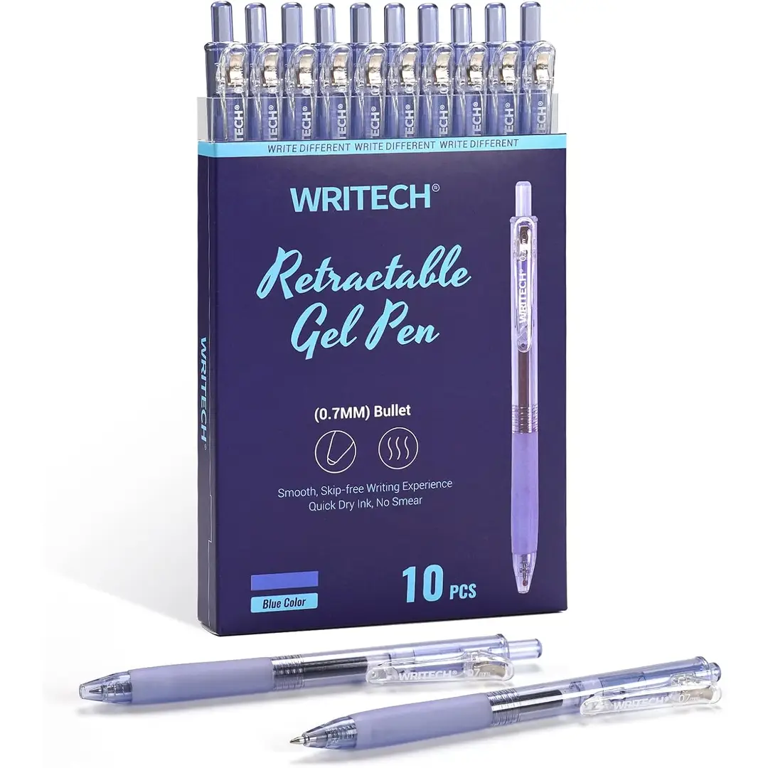 WRITECH Retraktible Gelroller: 0,7 mm mittlere Spitze, blau tönende Tinte fürs Tagebuchschreiben, glatter Schreibfluss, schnelltrocknende Tinte, kein Durchschreiben, Set mit 10 Stück