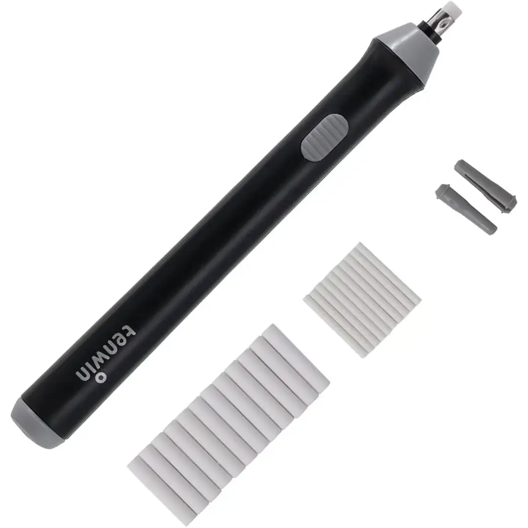 tenwin Electric Eraser Kit, Battery Operated, with 22 Extra Replaceable Erasers, Automatic Portable Pencil Eraser for Artists, Sketching, Drawing, Graphite Pencils (Black)